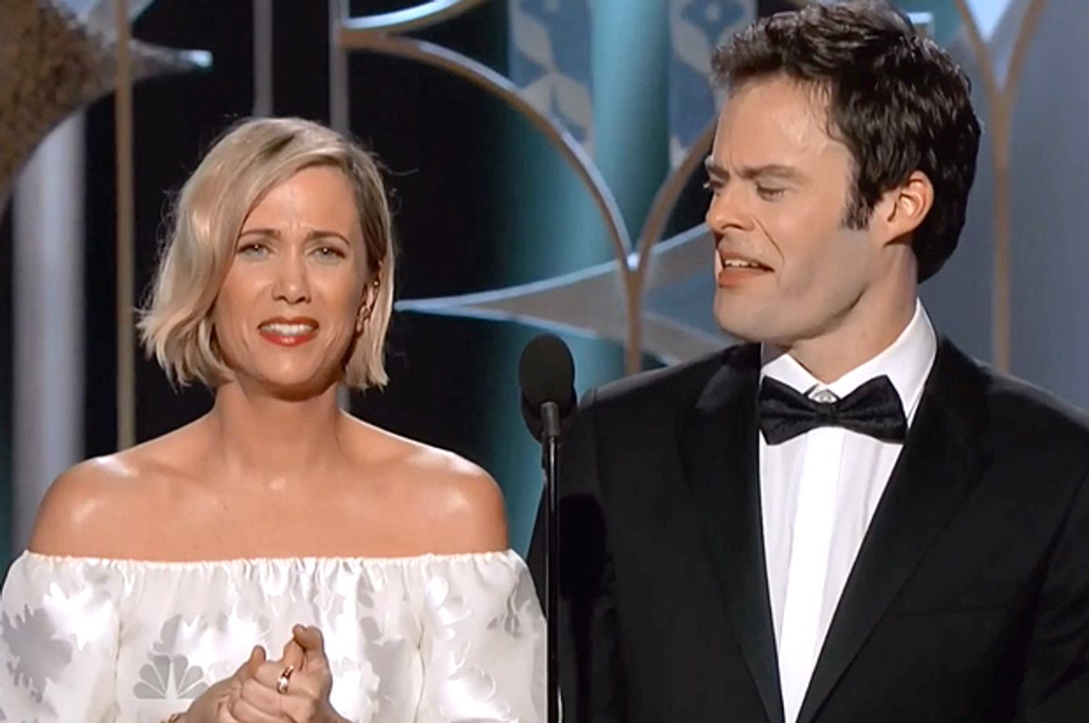 Kristen Wiig and Bill Hader at the 72nd Annual Golden Globe Awards on Sunday, Jan. 11, 2015.        (NBC)