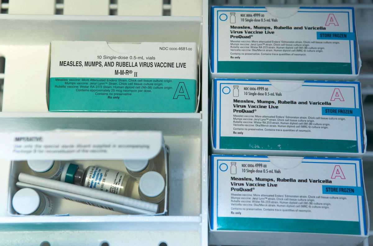 This Thursday, Jan. 29, 2015 file photo shows boxes of the measles, mumps and rubella virus vaccine (MMR) and measles, mumps, rubella and varicella vaccine inside a freezer at a doctor's office in Northridge, Calif. Vaccinations can cause minor side effects including redness at the injection site and sometimes mild fever, but medical experts say serious complications are rare and much less dangerous than the diseases that vaccines prevent. (AP Photo/Damian Dovarganes) (AP)