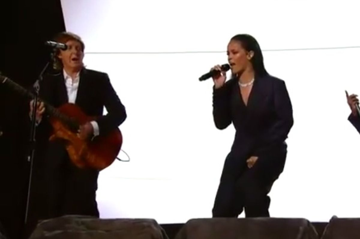  Paul McCartney and Rihanna perform their new collaboration "FourFiveSeconds" with Kanye West at the 2015 Grammy Awards.      (CBS)