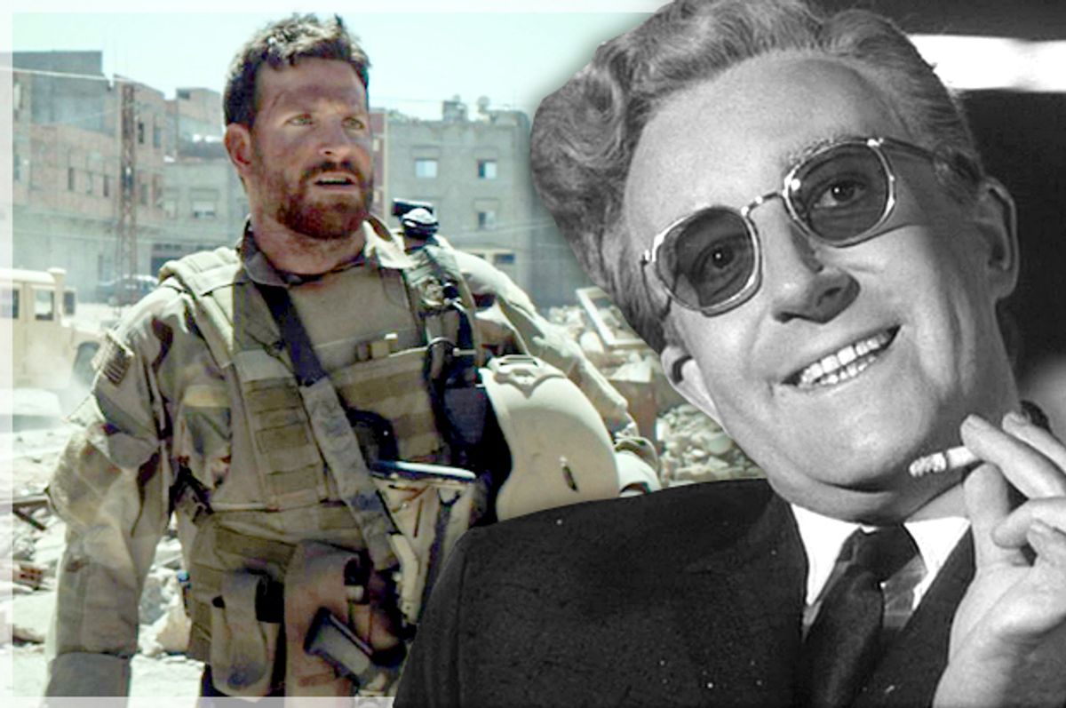 Bradley Cooper in "American Sniper," Peter Sellers in "Dr. Strangelove or: How I Learned to Stop Worrying and Love the Bomb"