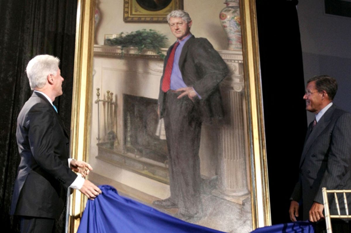 Bill Clinton looks up at his portrait after Lawrence M. Small, secretary of the Smithsonian Institution, helped him remove the drape, April 24, 2006.          (AP/Haraz N. Ghanbari)