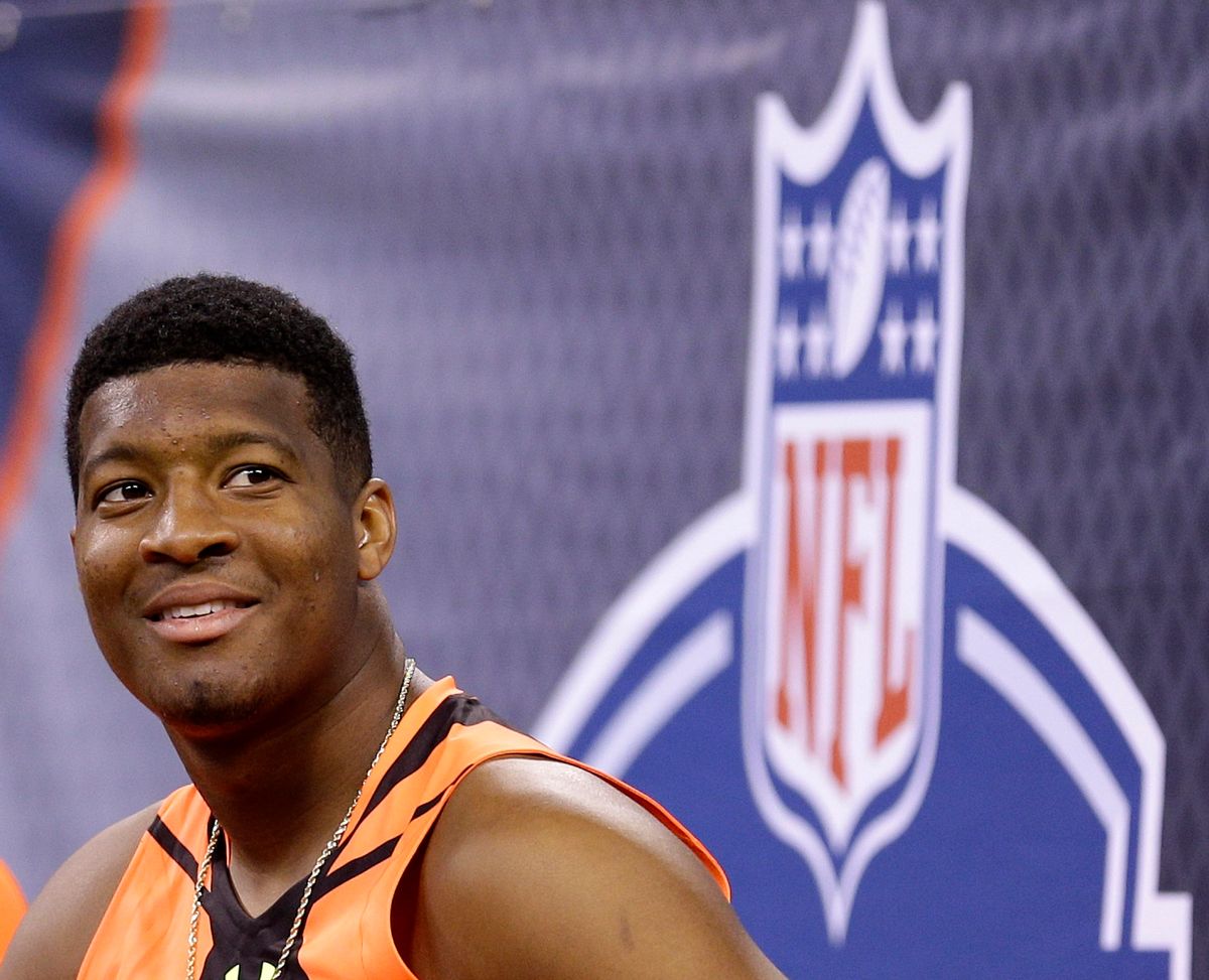 FILE - This is a Feb. 21, 2015, file photo showing Jameis Winston at the NFL football scouting combine in Indianapolis. Winston has spent much of the past two months crisscrossing the nation, sharpening his quarterback skills and trying to convince NFL teams he's learned from mistakes made off the field and ready to become the face of a franchise. (AP Photo/David J. Phillip, File)  (AP)