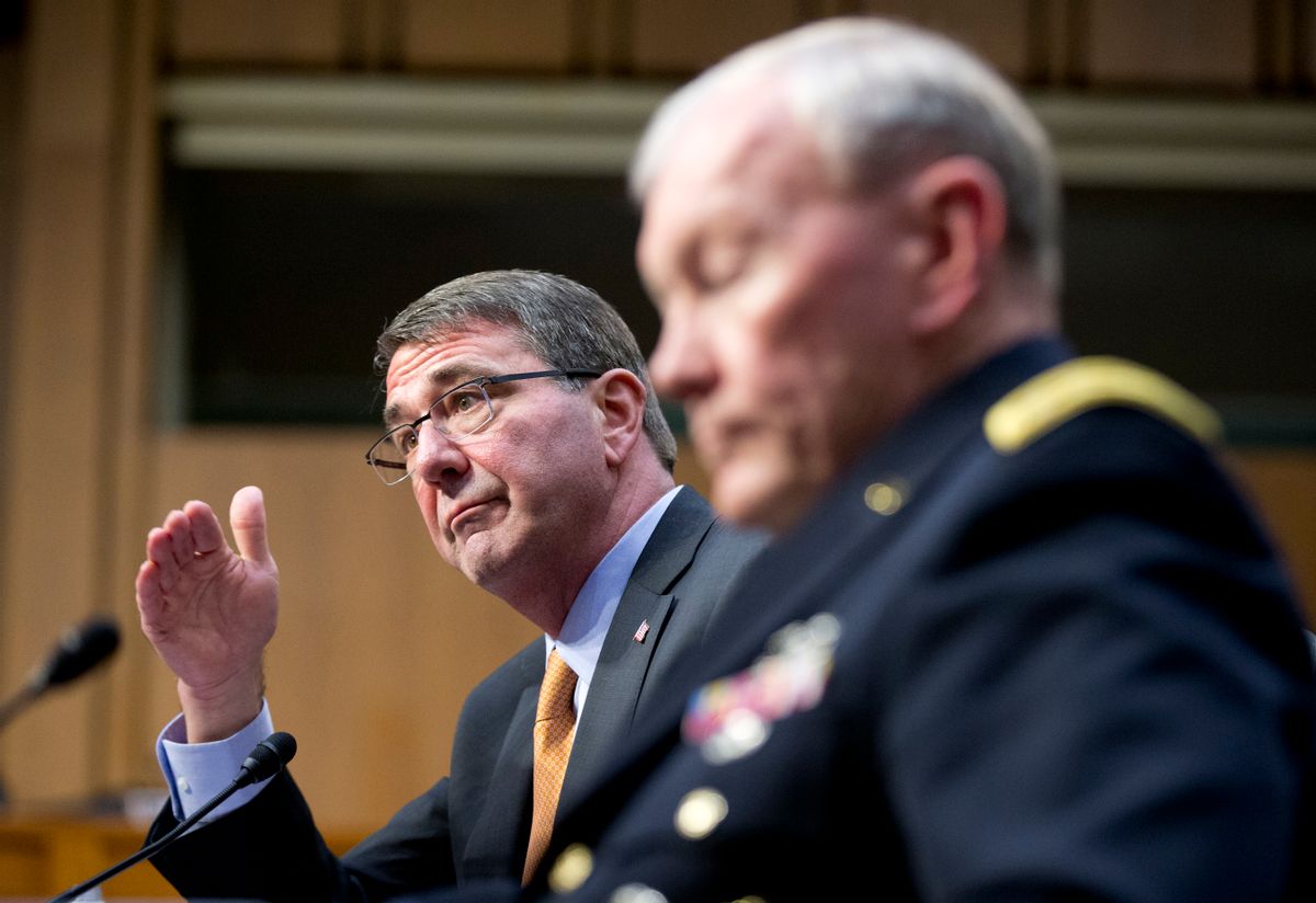 FILE - In this March 3, 2015 file photo, Defense Secretary Ash Carter, left, accompanied by Joint Chiefs Chairman Gen. Martin Dempsey, testifies on Capitol Hill in Washington before the Senate Armed Services Committee. Irans growing influence in Iraq is setting off alarm bells, and nowhere is the problem starker than in the high-stakes battle for Tikrit. It marks a crucial fight in the bigger war to expel the Islamic State group from Iraq, and yet Iran and the Shiite militias it empowers _ not the U.S. _ are leading the charge. Carter, under questioning from Sen. John McCain this week, acknowledged his concern when McCain asked if it alarms him that Iran has basically taken over the fight. (AP Photo/Manuel Balce Ceneta, File) (AP)