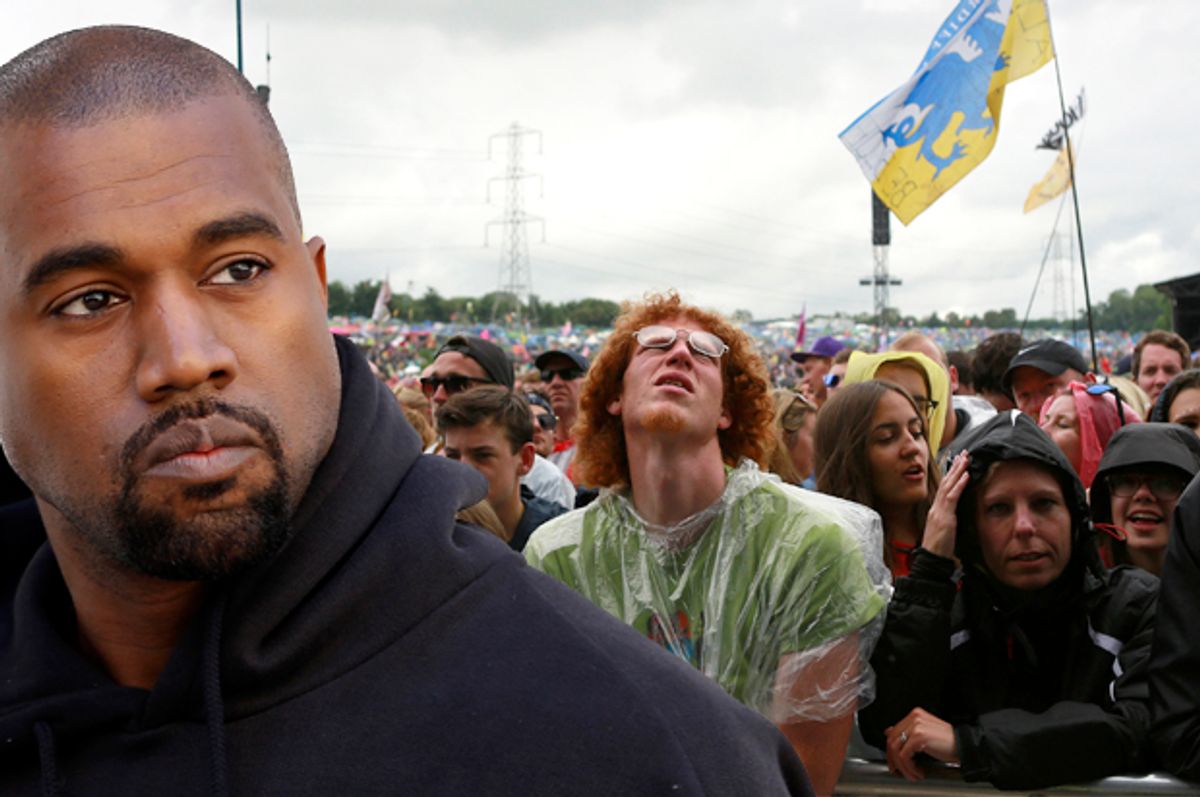 Kanye West; Glastonbury festival-goers.      (Reuters/Charles Platiau/Cathal Mcnaughton/Photo montage by Salon)