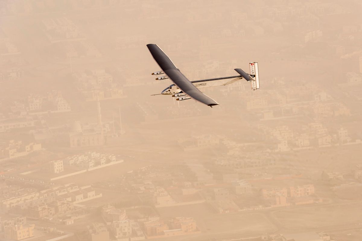 In this photo released by Solar Impulse,  "Solar Impulse 2", a solar-powered airplane flies after taking off from Al Bateen Executive Airport in Abu Dhabi, United Arab Emirates on Monday, March 9, 2015, marking the start of the first attempt to fly around the world without a drop of fuel. Solar Impulse founder Andre Borschberg was at the controls of the single-seater when it took off from the airport. Borschberg will trade off piloting with Solar Impulse co-founder Bertrand Piccard during stop-overs on a journey that will take months to complete. (AP Photo/Jean Revillard, Solar Impulse) (AP)