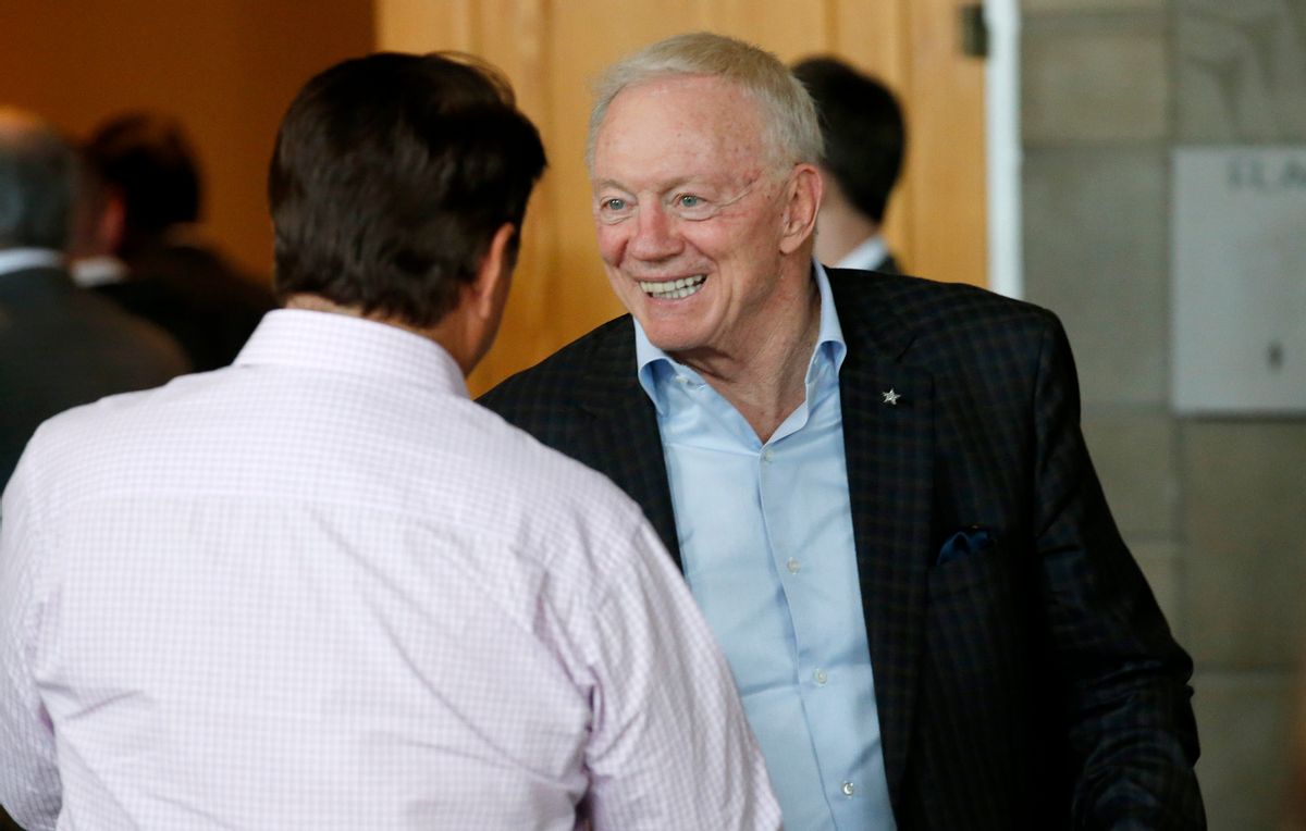 Dallas Cowboys owner Jerry Jones smiles as he is greeted as he arrives to attend a general session at the NFL Annual Meeting Monday, March 23, 2015, in Phoenix. (AP Photo/Ross D. Franklin) (AP)