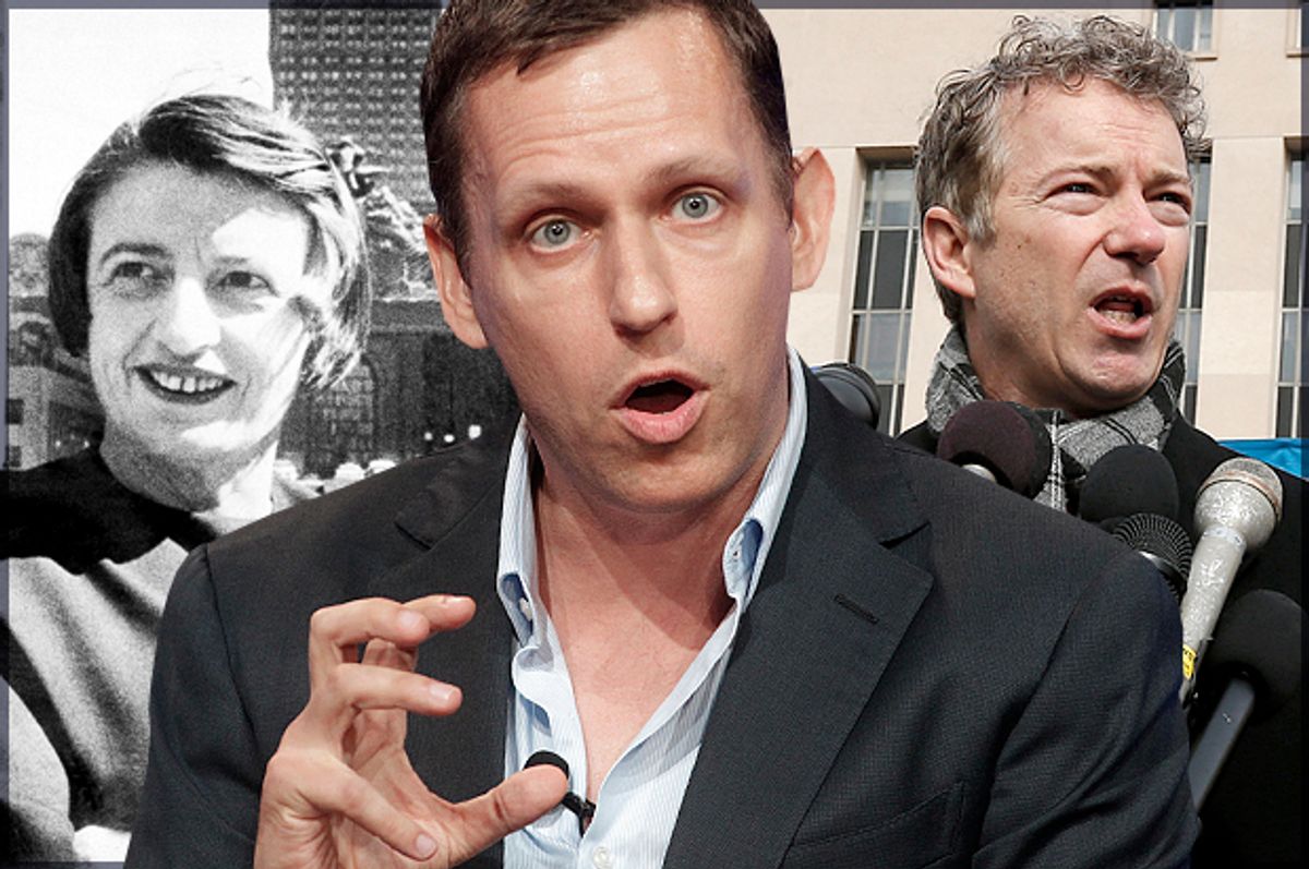 Ayn Rand, Peter Thiel, Rand Paul                     (AP/Reuters/Fred Prouser/Charles Dharapak/Photo montage by Salon)