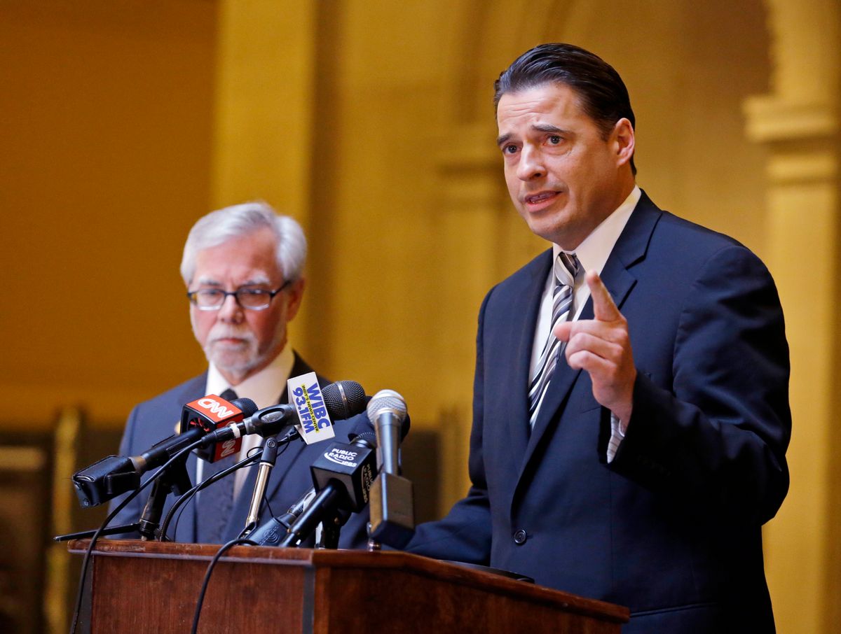 Indiana Senate Democratic Leader Tim Lanane, left, D-Anderson, and Indiana House Democratic Leader Scott Pelath, D-Michigan City, call for the repeal of the Indiana Religious Freedom Restoration Act during a press conference at the Statehouse in Indianapolis, Monday, March 30, 2015.  Republican legislative leaders say they are working on adding language to a new state law to make it clear that it doesn't allow discrimination against gays and lesbians. (AP Photo/Michael Conroy) (AP)