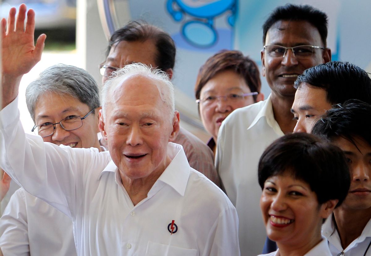 FILE - In this April 27, 2011, file photo, Singapore's then Minister Mentor Lee Kuan Yew waves to supporters as he arrives at an elections nomination center in Singapore. Lee Kuan Yew, the founder of modern Singapore who helped transform the sleepy port into one of the world's richest nations, died Monday, March 23, 2015, the government said. He was 91. (AP Photo/Wong Maye-E, File) (AP)