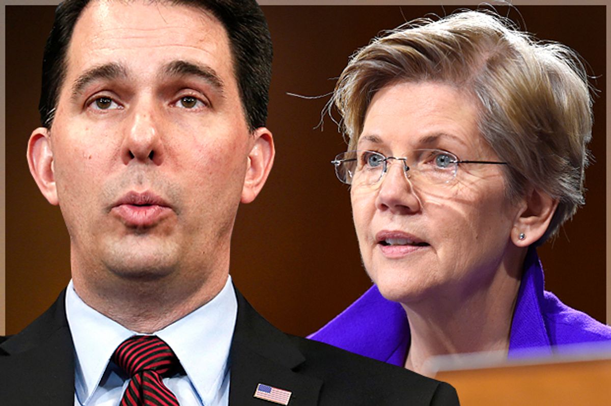 Scott Walker, Elizabeth Warren                          (Reuters/Yuri Gripas/AP/Susan Walsh/Photo montage by Salon)