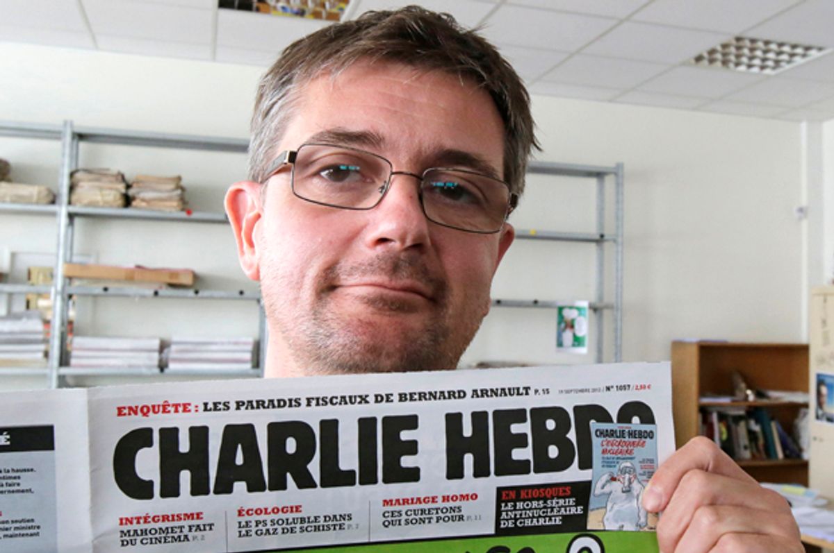 Charb, publishing director of "Charlie Hebdo," photographed in Paris, Sept. 19, 2012. Charb was killed on January 7, 2015 when a pair of gunmen stormed the newspaper's offices.     (AP/Michel Euler)