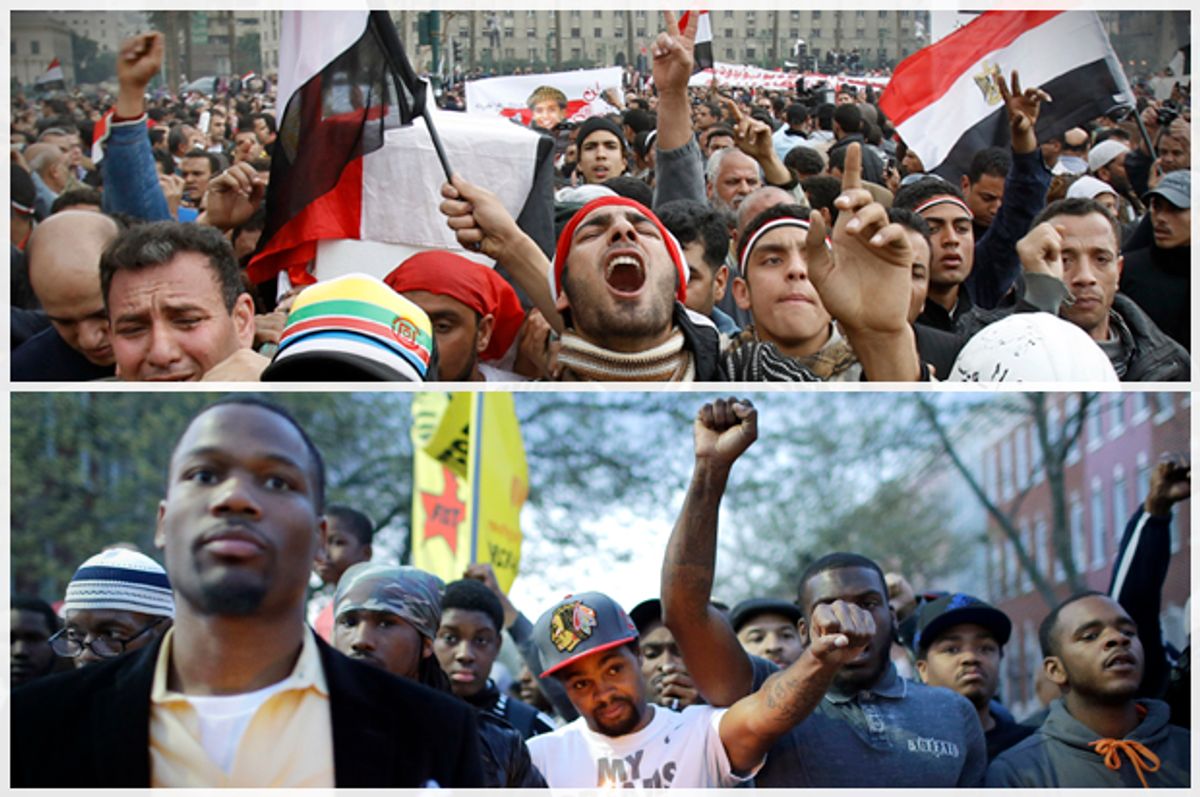 Egyptian anti-government demonstrators in Tahrir Square, Cairo February 7, 2011; Protesters outside the Baltimore Police Department's Western District police station, April 21, 2015.        (Reuters/Amr Dalsh/AP/Patrick Semansky)