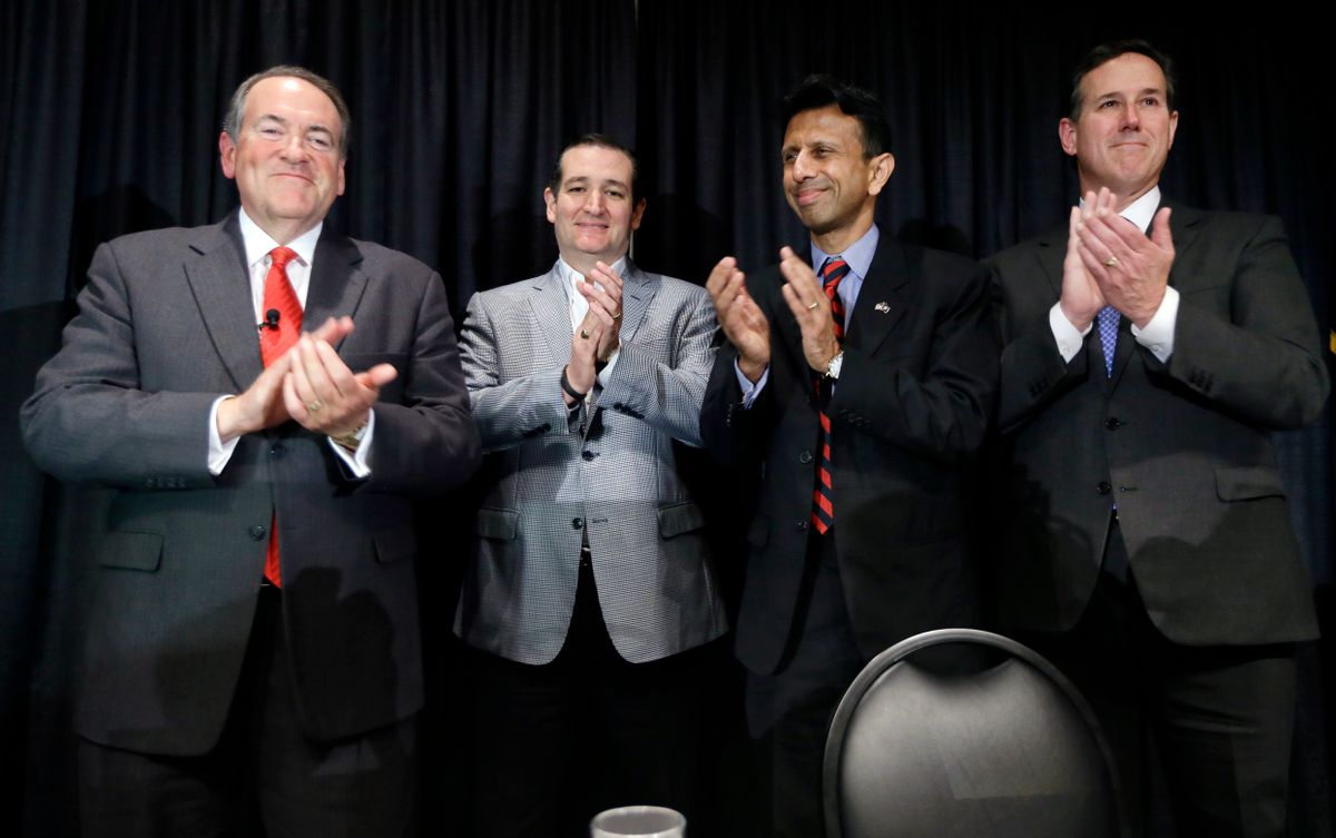 Former Arkansas Gov. Mike Huckabee, from left, U.S. Sen. Ted Cruz, R-Texas, Louisiana Gov. Bobby Jindal and former Pennsylvania Sen. Rick Santorum gather on stage after speak at the Homeschool Iowa's Capitol Day, Thursday, April 9, 2015, in Des Moines, Iowa. (AP Photo/Charlie Neibergall)      (AP)