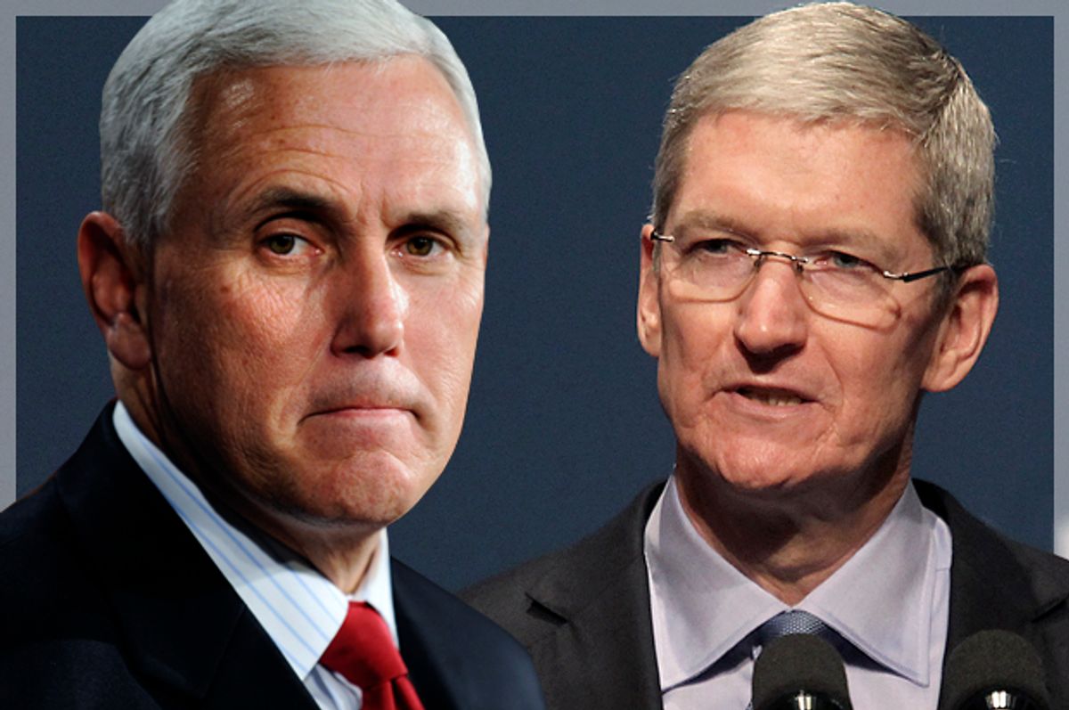 Mike Pence, Tim Cook         (Reuters/Jonathan Ernst/Robert Galbraith/Photo montage by Salon)
