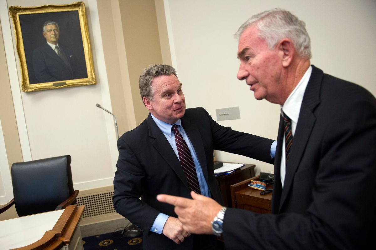Committee on Foreign Affairs subcommittee on Africa, Global Health, Global Human Rights, and International Organizations Chairman Christopher Smith, R-N.J., left, speaks with witness Father Shay Cullen, president and chief executive officer, PREDA Foundation, after a hearing on the fight against human trafficking,  in Washington, Wednesday, April 22, 2015. (AP Photo/Cliff Owen) (AP)