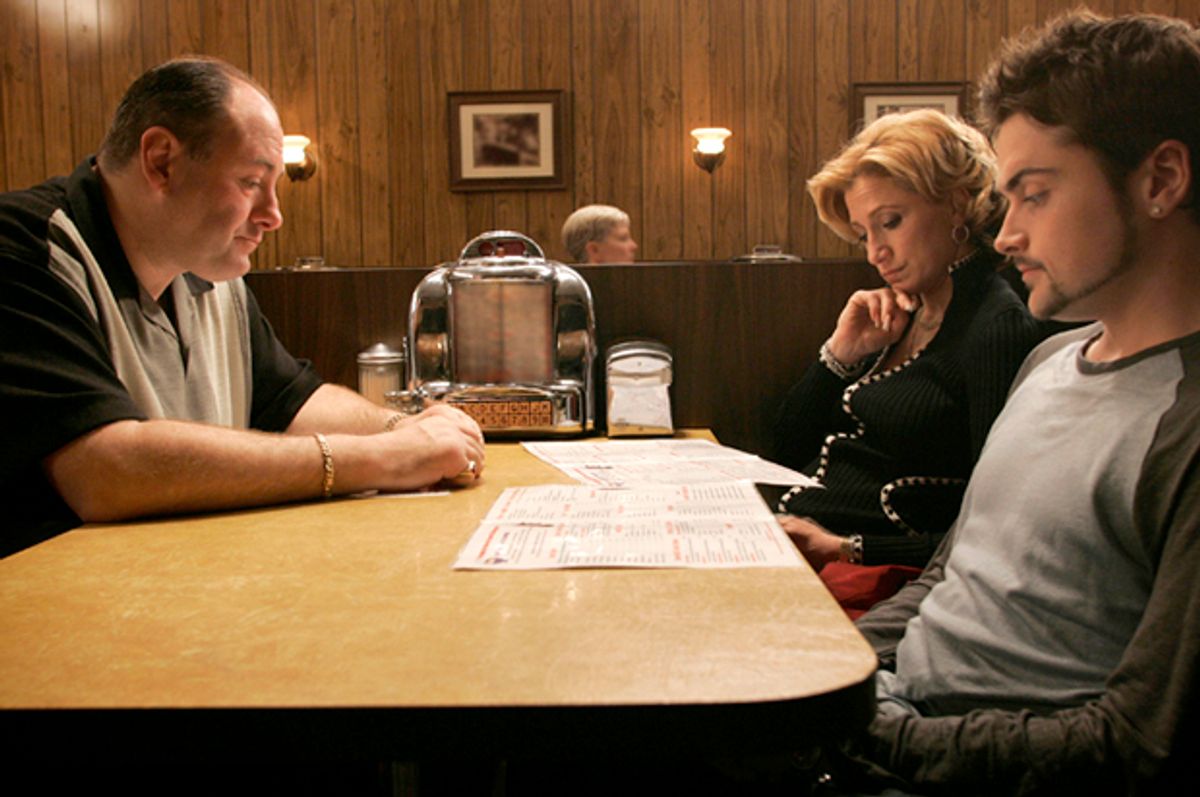 James Gandolfini, Edie Falco and Robert Iler in the series finale of "The Sopranos"          (HBO/Will Hart)