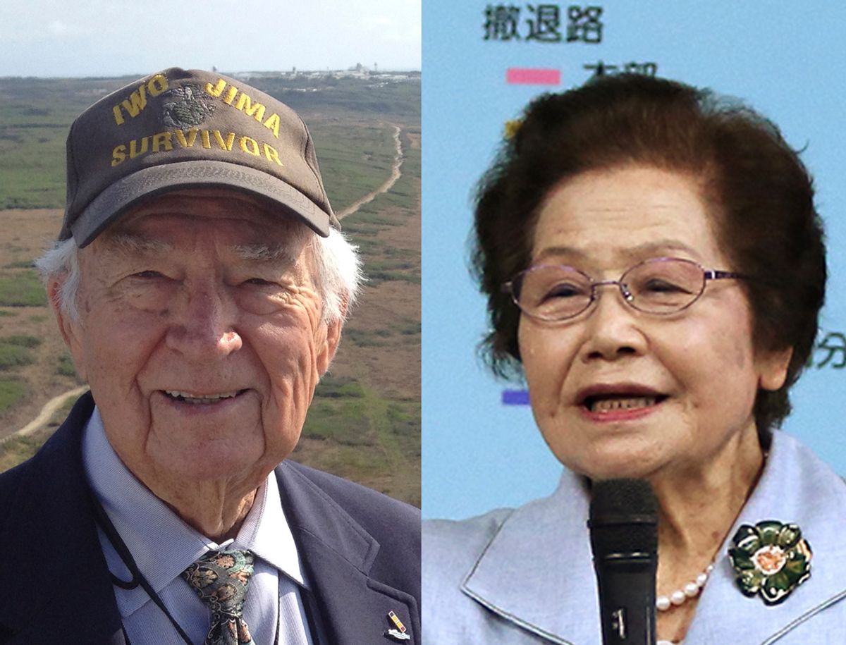 This combination of photos shows Norman Baker, left, of Delaplane, Va. in Iwo Jima on March 21, 2015 and Yoshiko Shimabukuro, a former member of the Himeyuri Student Nurse Corps, in Itoman, Japan, on March 22, 2015. In Bakers mind, the Japanese were fanatical, brutal animals with no respect for life. To Shimabukuro, Americans were long-nosed demons who rained hellfire from the skies before raping and pillaging anything with the worse-than-death fate of crossing their path. Seventy years ago, both the 18-year-old U.S. Marine and the 17-year-old Okinawan schoolgirl had known the enemy only from the virulent propaganda they had been fed. (Courtesy of Norman Baker via AP, left, AP Photo/Eugene Hoshiko) (AP)