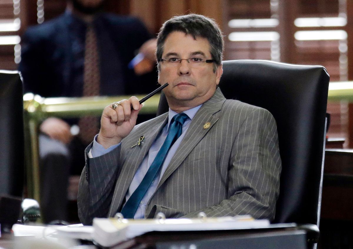 Texas Sen. Charles Perry, R- Lubbock, sits in the Senate Chambers at the Texas State Capitol, Tuesday, May 12, 2015, in Austin, Texas.  A woman in Oklahoma has requested a protective order against Perry, whom she accuses of stalking and threatening to harm her.      (AP/Eric Gay)