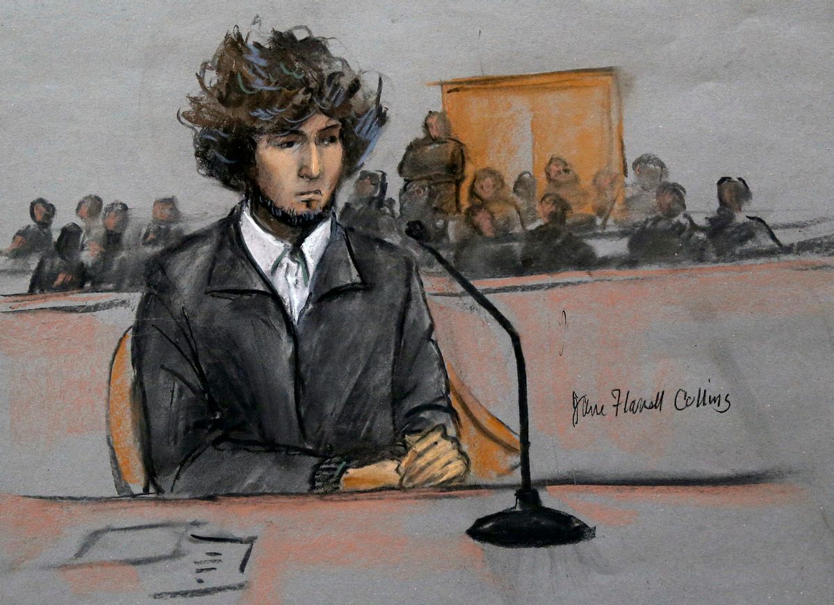 FILE - In this Thursday, Dec. 18, 2014 courtroom sketch, Boston Marathon bombing suspect Dzhokhar Tsarnaev sits in federal court in Boston for a final hearing before his trial begins in January. On Friday, May 15, 2015, Dzhokhar Tsarnaev was sentenced to death by lethal injection for the 2013 Boston Marathon terror attack.  (AP/Jane Flavell Collins)