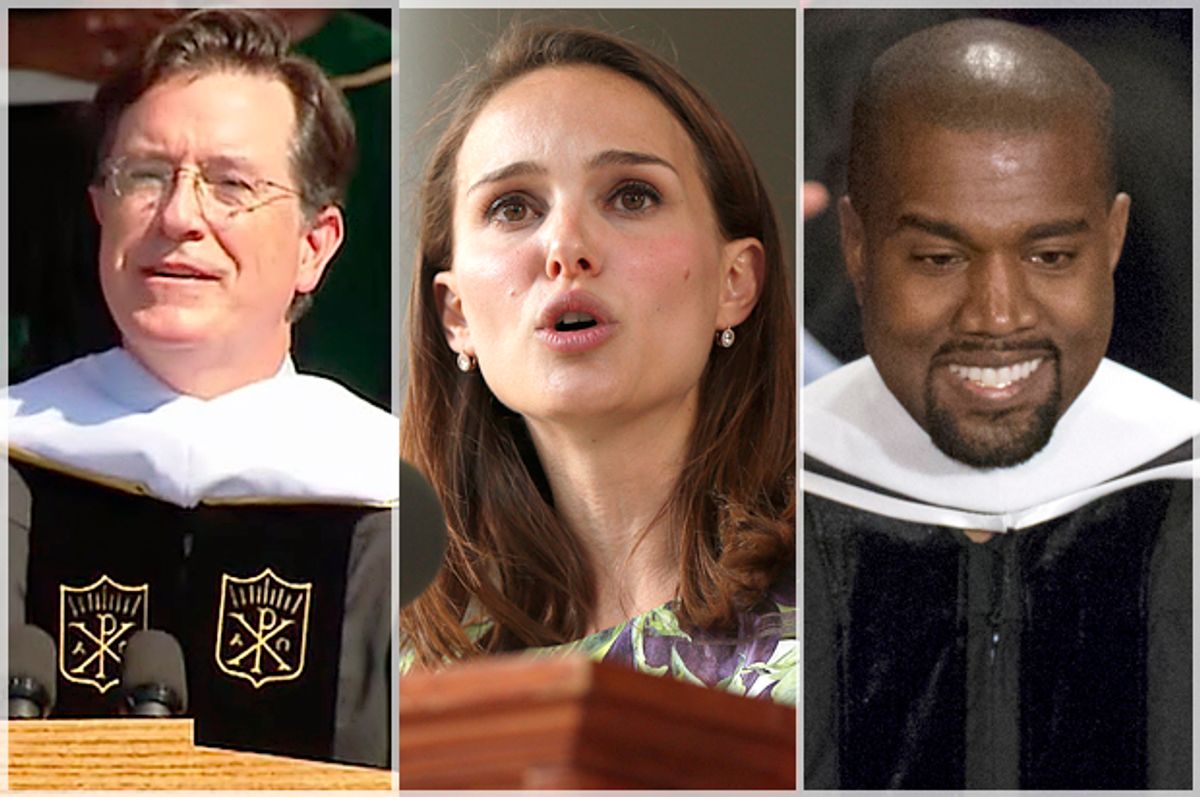 Stephen Colbert, Natalie Portman, Kanye West   (CBSN/AP/Steven Senne/Reuters/Jim Young)