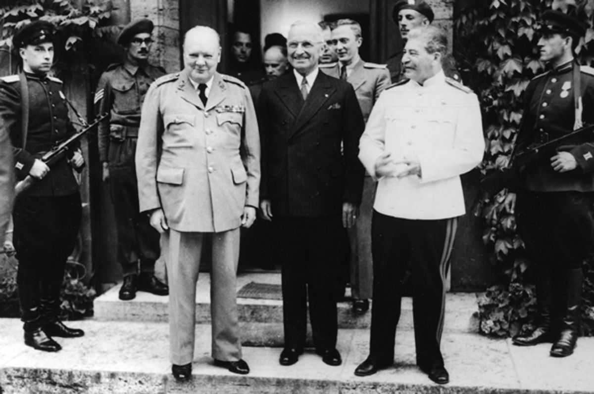 Winston Churchill, Harry S.Truman, and Josef Stalin pose in Potsdam, Germany, July 23, 1945.     (AP)