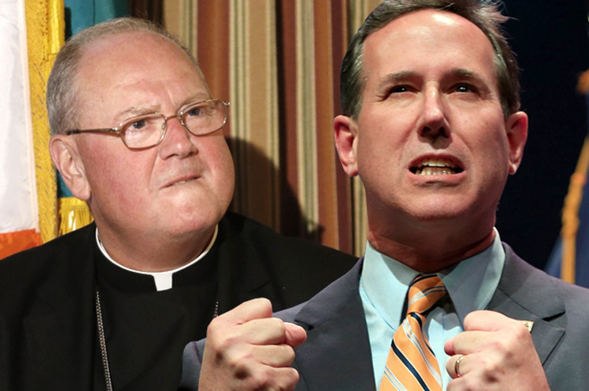 Cardinal Timothy Dolan, Rick Santorum            (AP/Seth Wenig/Nati Harnik/Photo montage by Salon)