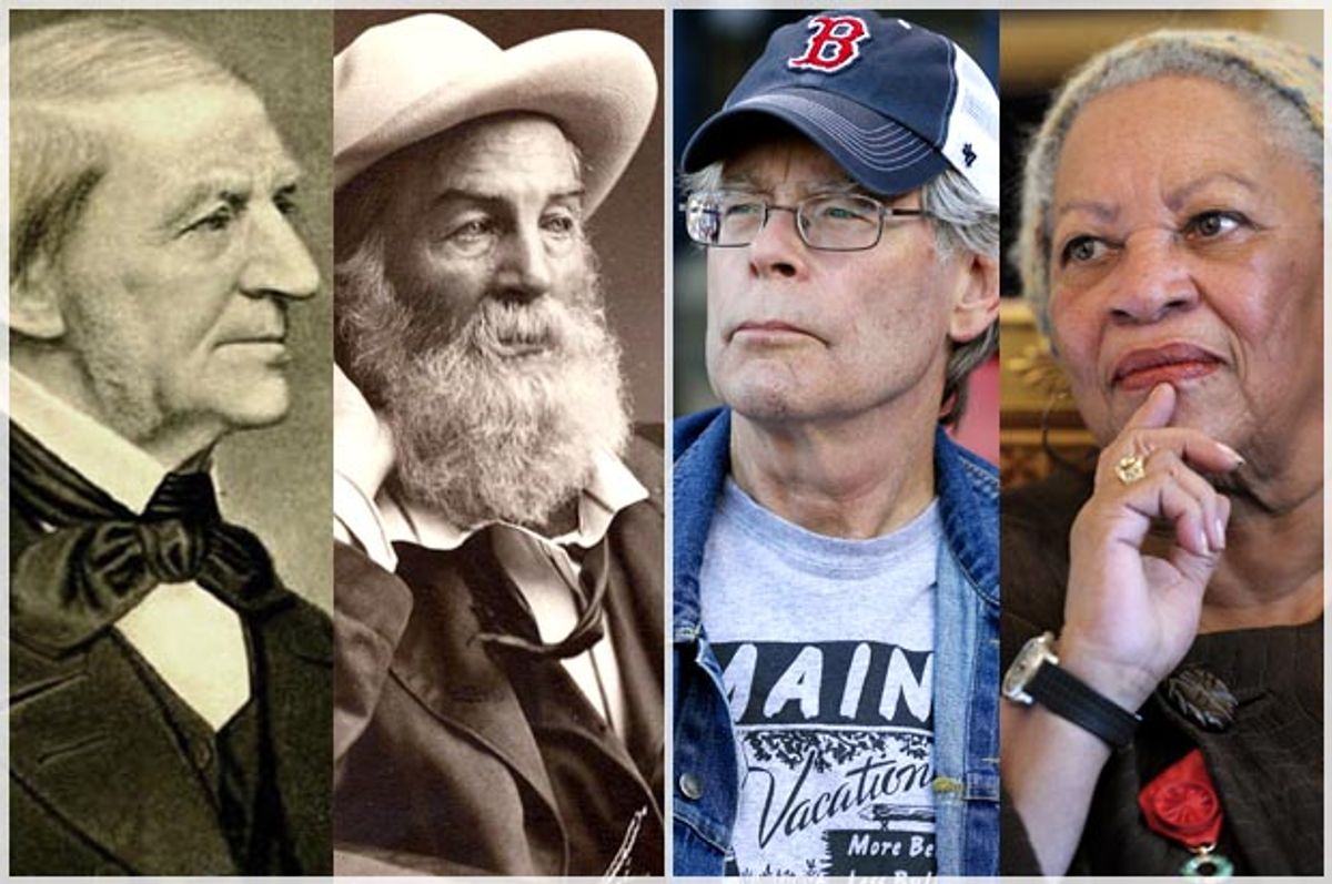 Ralph Waldo Emerson, Walt Whitman, Stephen King, Toni Morrison     (Wikimedia/AP/Michael Dwyer/Reuters/Philippe Wojazer)