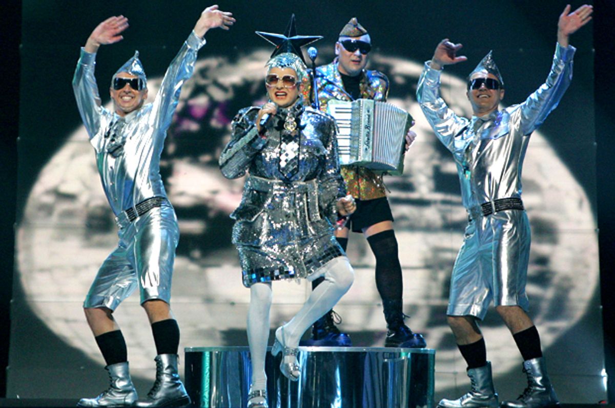 Verka Serduchka from the Ukraine performs during the final of the 2007 Eurovision Song Contest.        (AP/Alastair Grant)