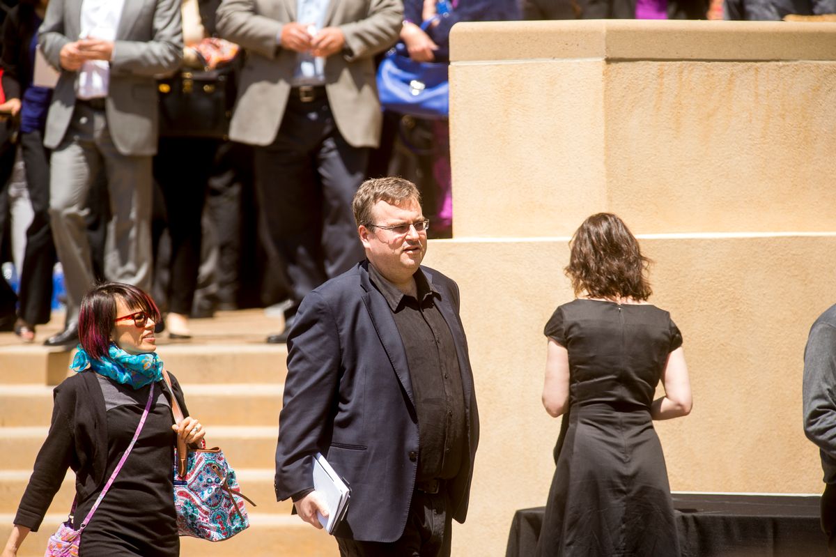 Reid Hoffman, LinkedIn executive chairman and co-founder, leaves a memorial service for SurveyMonkey CEO David Goldberg, Tuesday, May 5, 2015, in Stanford, Calif.  (AP Photo/Noah Berger) (AP)