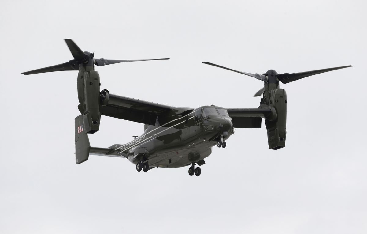 In this April 22, 2015 photo, a Marine Corps MV-22 Osprey comes in for a landing at Miami International Airport before a presidential visit, in Miami. A fatal crash of a U.S. Marine Corps aircraft in Hawaii has renewed safety concerns in Japan, where more of the Ospreys will be deployed. (AP Photo/Wilfredo Lee) (Wilfredo Lee)