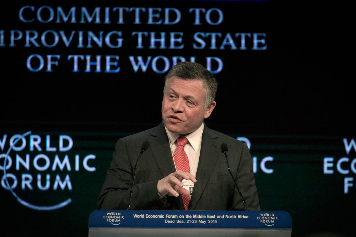 King Abdullah II of Jordan addresses the audience during the opening session of the World Economic Forum at the King Hussein convention center, Southern Shuneh, Jordan, Friday, May 22, 2015. Top political and business leaders are coming together in the Middle East at a regional World Economic Forum conference to search for solutions to widespread joblessness, which has created fertile ground for the recruitment of desperate youths by militants.  () (AP Photo/Nasser Nasser)