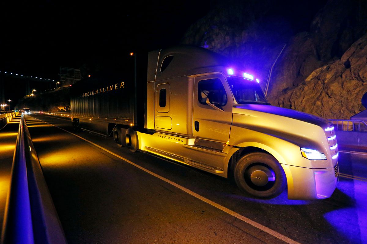 Freightliner unveils its Inspiration self-driving truck during an event at the Hoover Dam Tuesday, May 5, 2015, near Boulder City, Nev. (AP Photo/John Locher) (AP)