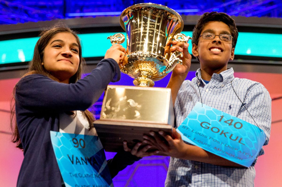Vanya Shivashankar and Gokul Venkatachalam after winning the finals of the Scripps National Spelling Bee, May 28, 2015, in Oxon Hill, Md.      (AP/Andrew Harnik)