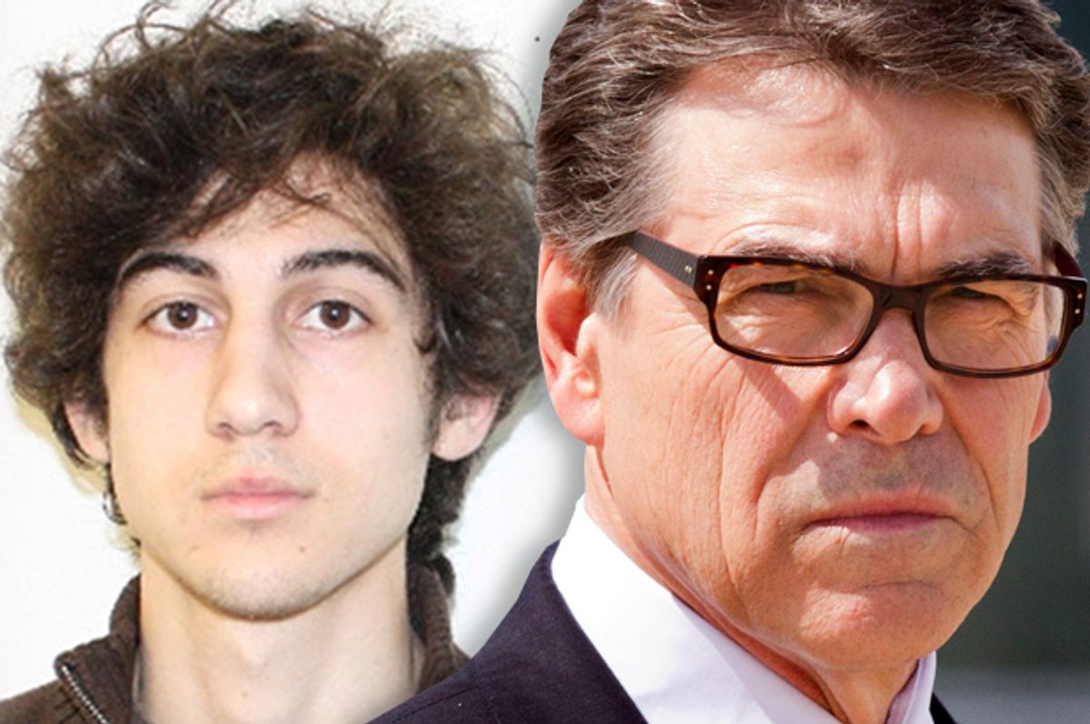 Dzhokhar Tsarnaev, Rick Perry            (AP/Jacquelyn Martin/Photo montage by Salon)