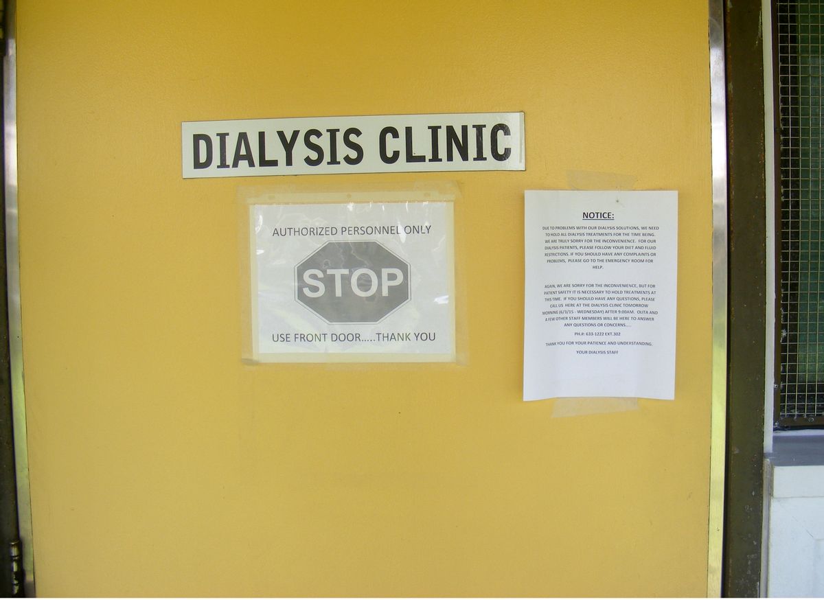 A public notice posted on one of the side doors of the Dialysis Clinic informs patients that due to problems with its dialysis solutions, treatments are been put on hold at the LBJ Medical Center, in Fagaalu, American Samoa Friday, June 5, 2015. Residents who require dialysis were in their third day without the vital treatment Friday after a product recall closed their clinic, but so far none have sought emergency medical attention, the U.S. territory's only hospital said. Until Saturday, there are no other options for dialysis patients on the island with a population of about 55,000, roughly 2,300 miles south of Hawaii. (AP Photo/Fili Sagapolutele) (AP)