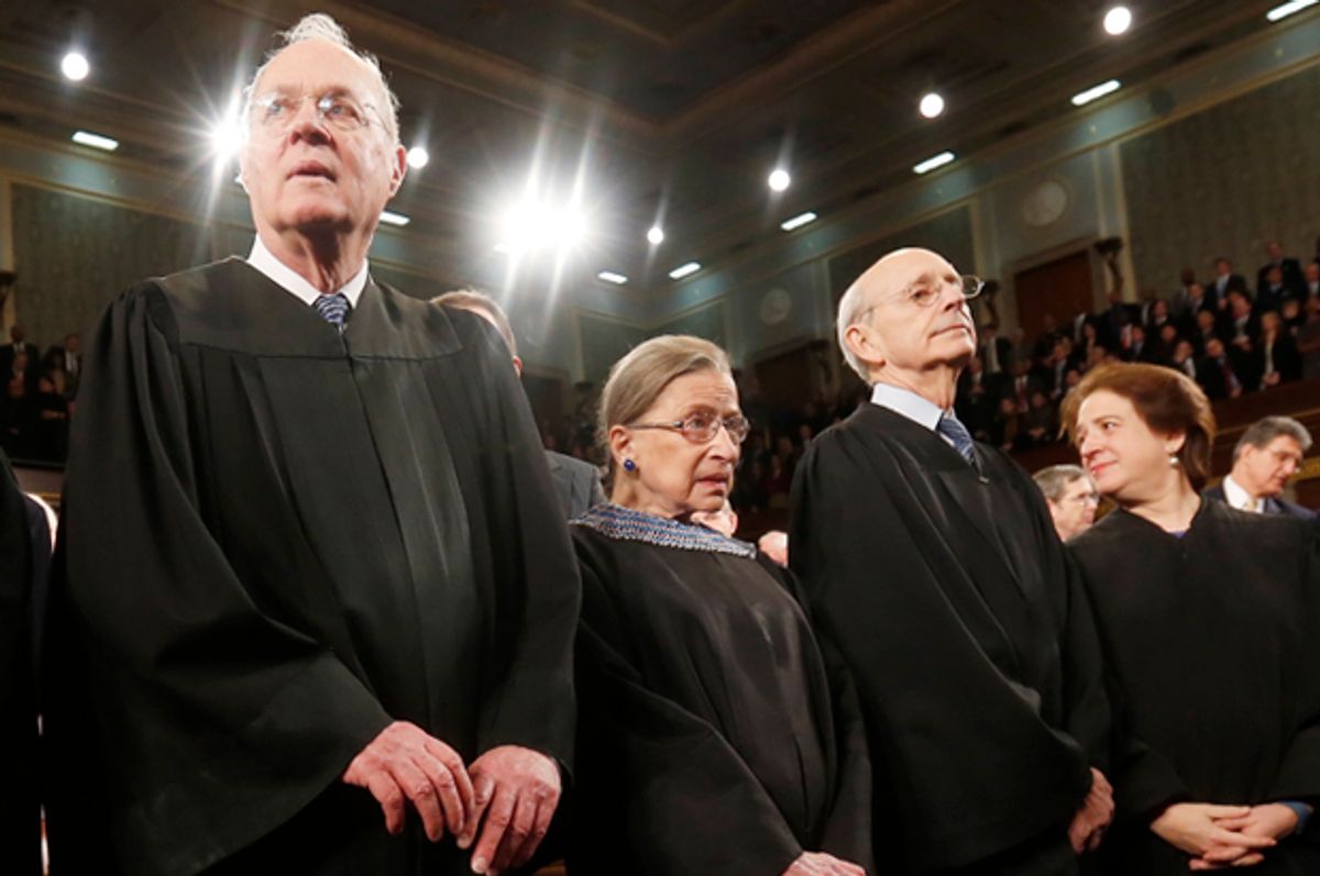 U.S. Supreme Court Justices Anthony Kennedy, Ruth Bader Ginsburg, Stephen Breyer and Elena Kagan   (Reuters/Larry Downing)