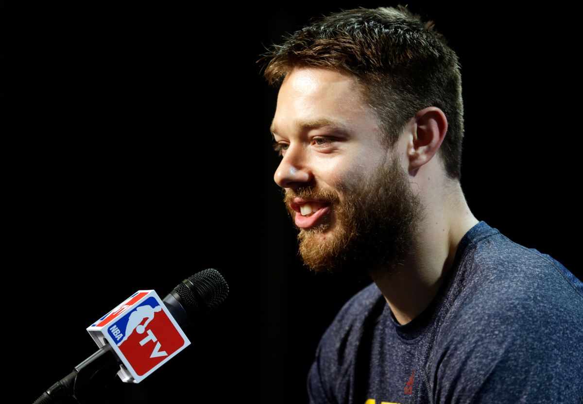Cleveland Cavaliers guard Matthew Dellavedova (8) answers a question during a press conference for basketball's NBA Finals in Cleveland, Wednesday, June 10, 2015. (AP Photo/Michael Conroy)  (AP)