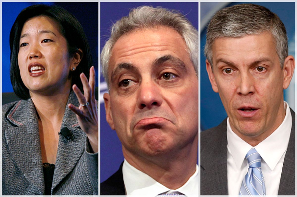 Michelle Rhee, Rahm Emanuel, Arne Duncan       (Reuters/Hyungwon Kang/Yuri Gripas/Larry Downing)