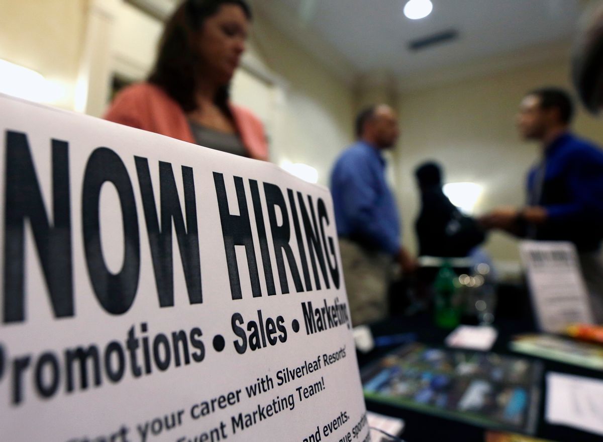 FILE - In this Thursday, Oct. 25, 2012, file photo, a sign attracts job-seekers during a job fair at the Marriott Hotel in Colonie, N.Y.  (AP)