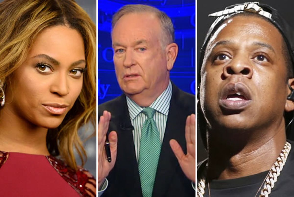 Beyonce, Bill O'Reilly, Jay Z (Credit: AP/Jordan Strauss, Fox News, Reuters/Benoit Tessier)    