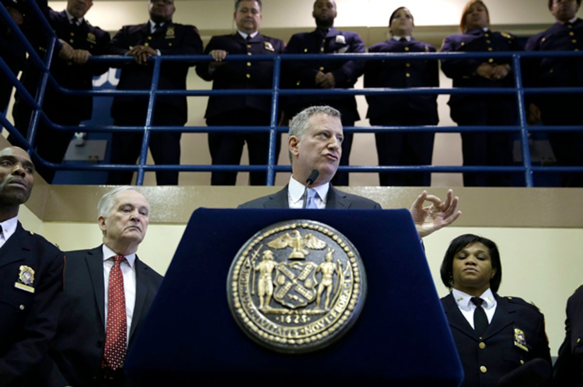 Bill de Blasio holds a news conference on Rikers Island, March 12, 2015.      (AP/Seth Wenig)