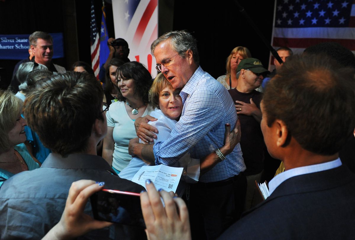 Republican presidential candidate Jeb Bush hugs Barbara Suber, of Sparks, Nev., following a town hall meeting at the Silver State Charter School in Carson City, Nev. on Friday, July 17, 2015. (Jason Bean/The Reno Gazette-Journal via AP)  NO SALES; NEVADA APPEAL OUT; SOUTH RENO WEEKLY OUT; MANDATORY CREDIT (AP)