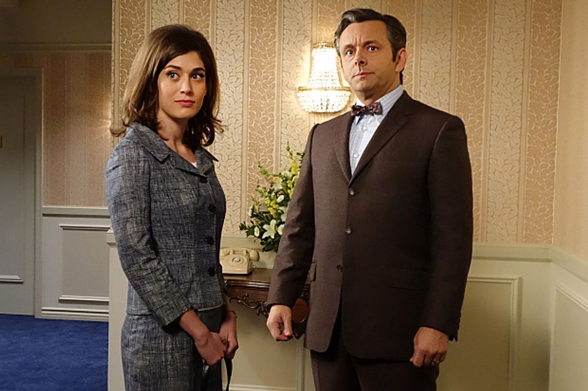 Lizzy Caplan as Virginia Johnson and Michael Sheen as Dr. William Masters in "Masters of Sex"        (Showtime/Michael Desmond)