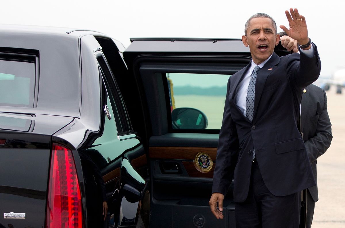 President Barack Obama waves before stepping into his motorcade vehicle as he arrives on Air Force One, Thursday, July 2, 2015, at Andrews Air Force Base, Md., en route to Washington as he returns from the University of Wisconsin at La Crosse in La Crosse, Wisc., where he spoke about economy and promoted a proposed Labor Department rule that would make more workers eligible for overtime. (AP Photo/Carolyn Kaster)  (AP)