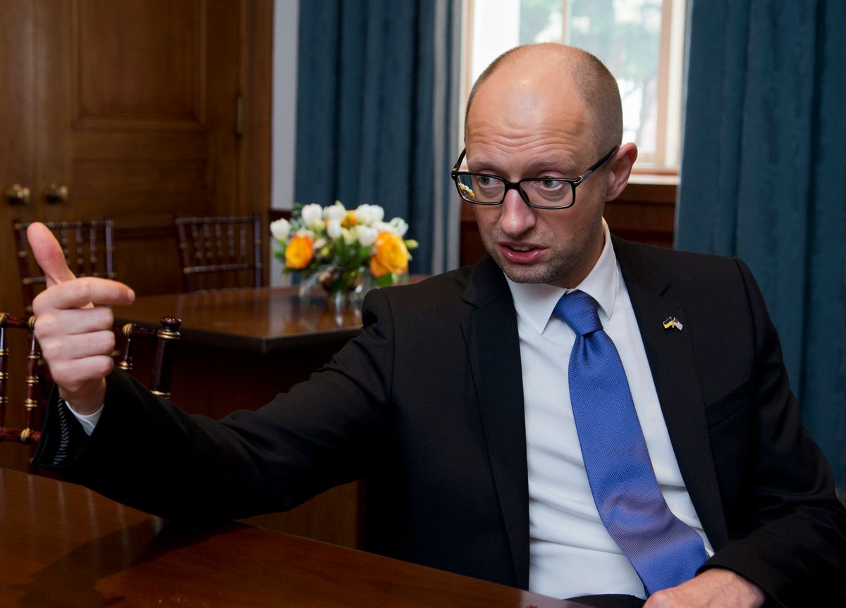 Ukrainian Prime Minister Arseniy Yatsenyuk speaks during an interview with the Associated Press following the first U.S.-Ukraine Business Forum co-hosted by the U.S. Chamber of Commerce and the Commerce Department, Monday, July 13, 2015, in Washington.   (AP Photo/Manuel Balce Ceneta) (AP)