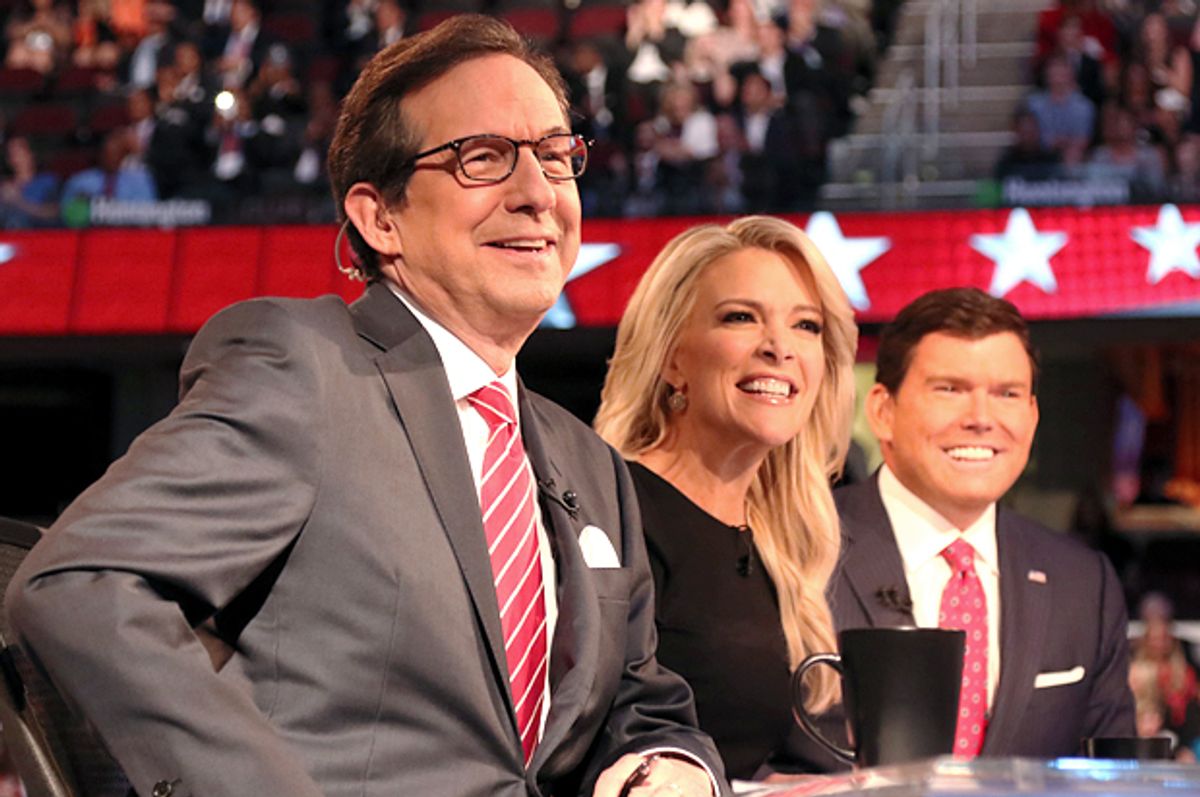 Chris Wallace, Megyn Kelly and Bret Baier start the first official Republican presidential candidates debate of the 2016 U.S. presidential campaign in Cleveland, Ohio, August 6, 2015.   (Reuters/Aaron Josefczyk)