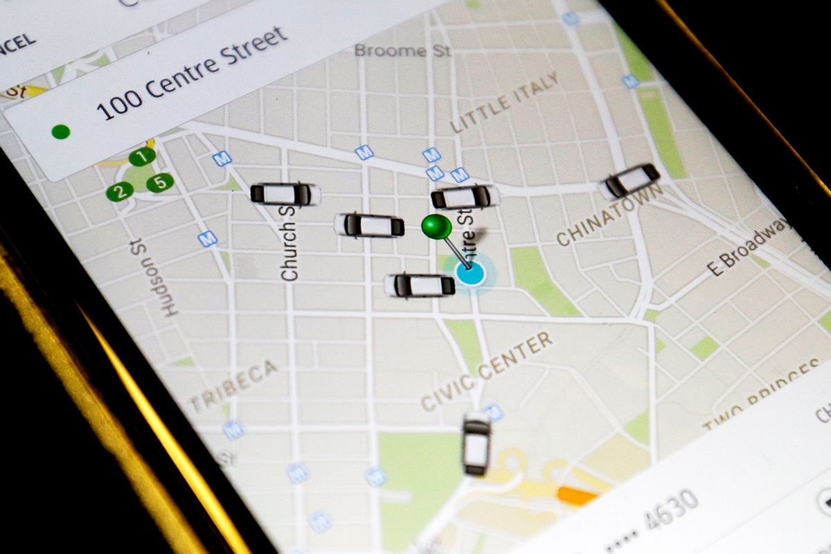 FILE - In this Wednesday, March 18, 2015, file photo, the Uber application displays cars available for a pick up at 100 Centre St on a cell phone in New York. In four years Uber has gone from nearly non-existent to more than 26,000 drivers, joining over 13, 000 New York City taxis. (AP Photo/Mary Altaffer, File) (AP)