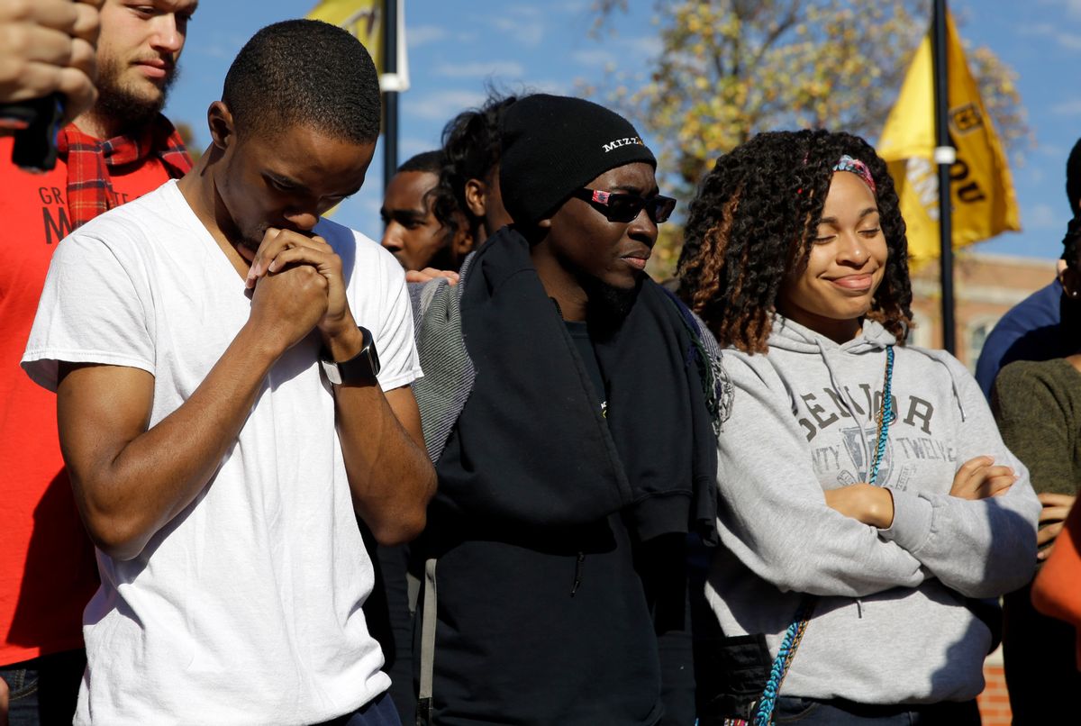 Students gather following the announcement University of Missouri System President Tim Wolfe would resignMonday, Nov. 9, 2015, at the University of Missouri in Columbia, Mo. (AP Photo/Jeff Roberson) (AP)