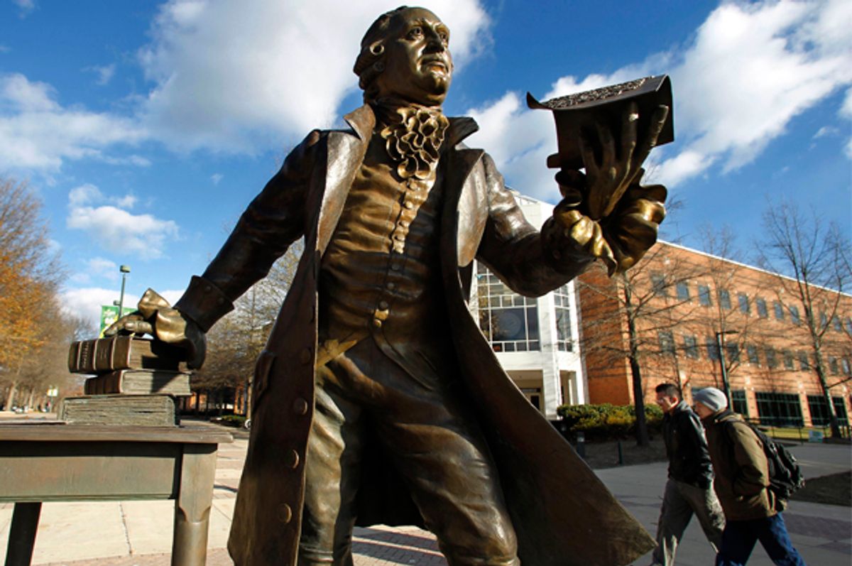 A statue of George Mason stands in the heart of George Mason University's Fairfax campus in Fairfax, Va.   (AP/Manuel Balce Ceneta)
