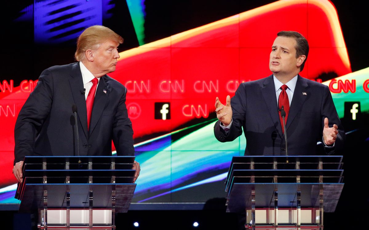 Donald Trump, left, watches as Ted Cruz speaks during the CNN Republican presidential debate. (AP)